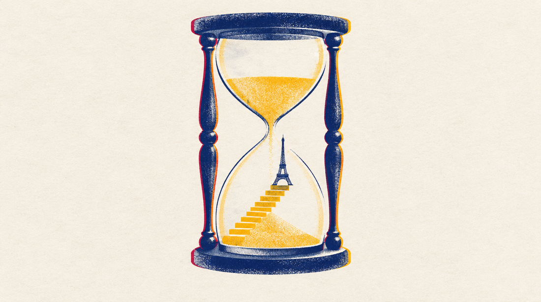 Ilustración de un reloj de arena con escalones y una pequeña Torre Eiffel en lo alto